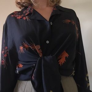 Silk Blouse with Fall Leaves, Florals & Pinecones